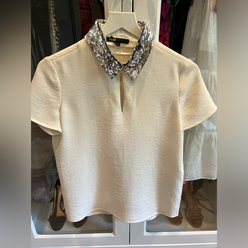 Maje short sleeve top with removable sequin collar